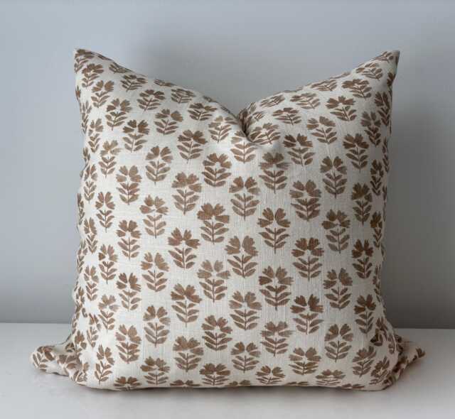 Designer Boho Floral Indian Hand Block Stamped Linen Print Pillow Cover Amber Brown Off White Available in Multiple Sizes Scandinavian - image 1