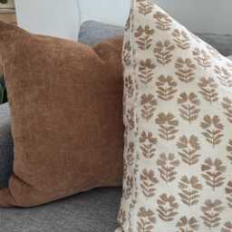 Designer Boho Floral Indian Hand Block Stamped Linen Print Pillow Cover Amber Brown Off White Available in Multiple Sizes Scandinavian - thumbnail 2