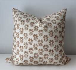 Designer Boho Floral Indian Hand Block Stamped Linen Print Pillow Cover Amber Brown Off White Available in Multiple Sizes Scandinavian - thumbnail 1