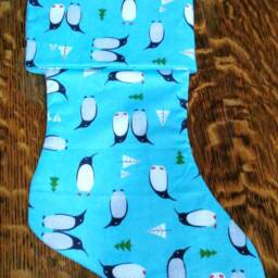Handmade Penguin Christmas Stocking Blue Cotton Holiday Decor - thumbnail 3
