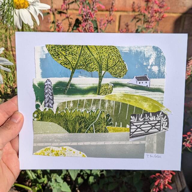 Original Collage Landscape With Cottage Linocut Lino Print Art English Landscape British - image 1