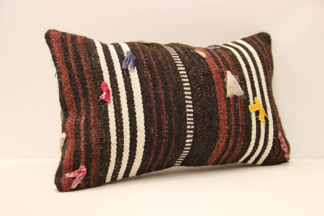 Vintage Turkish Kilim Lumbar Pillow Cover, Wool Accent - 12x20 In - image 1