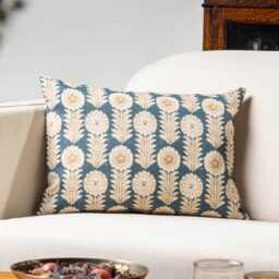 Retro Floral Print Linen Look Boudoir Cushion Cover in Indigo Blue. Vintage 1960S & 1970S Flower Motif Design. 17x12