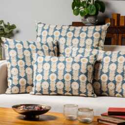 Retro Floral Print Linen Look Boudoir Cushion Cover in Indigo Blue. Vintage 1960S & 1970S Flower Motif Design. 17x12 - thumbnail 3
