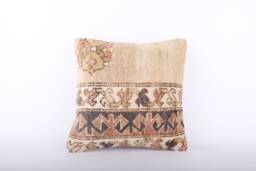 Vintage Turkish Kilim Pillow Cover Handwoven Wool Cushion, 16x16 - thumbnail 1