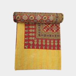 Vintage Ajrakh Hand Block Print Kantha Quilt Queen Size Bedspread - thumbnail 1