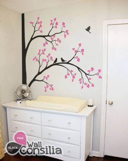Corner Tree Wall Decal Nursery Art With Birds & Leaves - image 1