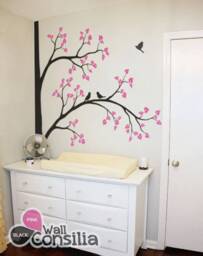 Corner Tree Wall Decal Nursery Art With Birds & Leaves - thumbnail 1