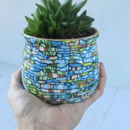 Teal Green Polymer Clay Planter Colorful Indoor Plant Pot - thumbnail 2