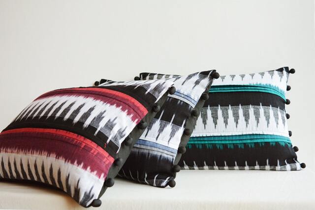 Black & White Lumbar Pillowwith Accent Color, Woven Ikat Pillow With Graphic Pattern , Cotton Cushion Cover, Home Decor Housewares - image 1