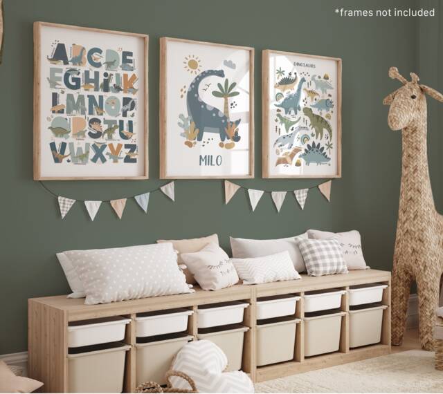 Set Of 3 Personalised Dinosaur Posters in Blue, Alphabet Print, Chart Bedroom Decor, Scandi Playroom Prints - image 1