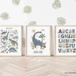 Set Of 3 Personalised Dinosaur Posters in Blue, Alphabet Print, Chart Bedroom Decor, Scandi Playroom Prints - thumbnail 2