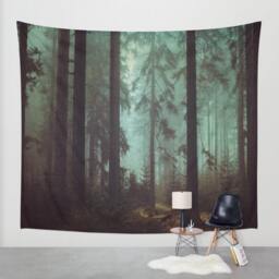 Misty Pine Forest Wall Tapestry, Forest Art, Moody Forest Tapestry, Nature Wall Hanging, Pine Forest, Home Decor - thumbnail 1