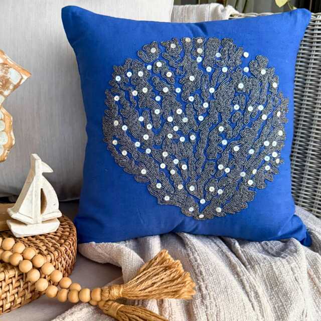 "Beaded Mother Of Pearl Sea Creature Pattern Cotton Linen Pillow Sham 24""x24""/26""x26" - image 1