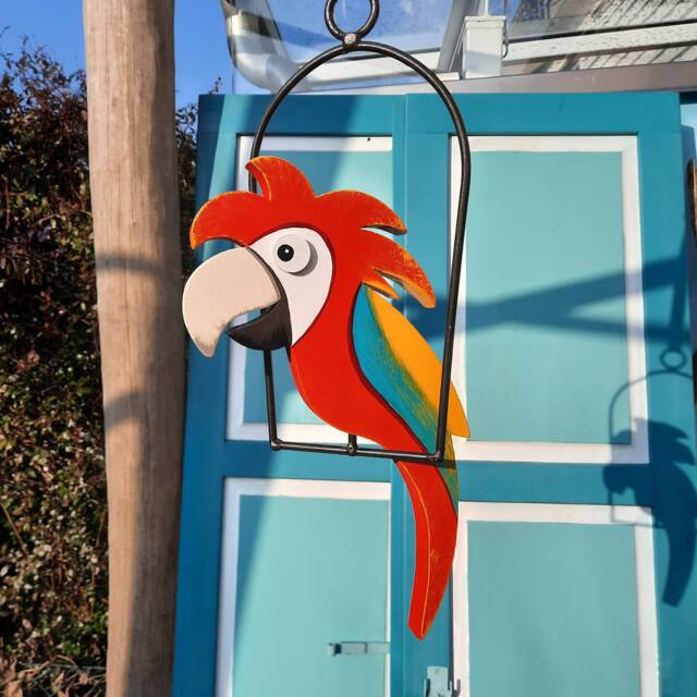Red Macaw Parrot in A Swing, Hand-Painted Wood For Decoration The House & Garden, Gift Idea Hanging, Winter Terrace - image 1