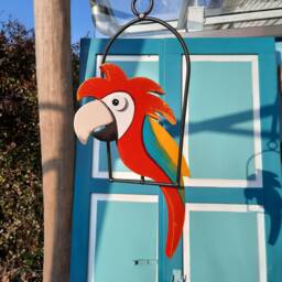 Red Macaw Parrot in A Swing, Hand-Painted Wood For Decoration The House & Garden, Gift Idea Hanging, Winter Terrace - thumbnail 1
