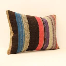 striped Anatolian Kilim Pillow Cover, Handwoven Wool, 14x20 - thumbnail 2