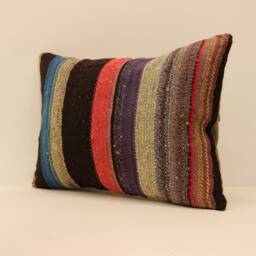 striped Anatolian Kilim Pillow Cover, Handwoven Wool, 14x20 - thumbnail 3