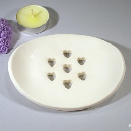 Handmade Ceramic Soap Dish With Drainage, White Oval Heart Holes, Holder, Clay Dish, Pottery - thumbnail 2
