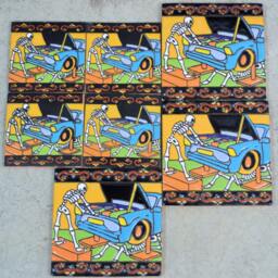 Talavera Mexican Tile Mosaic Day Of The Dead/Tiles Clay Catrina Fixing Cars - thumbnail 2