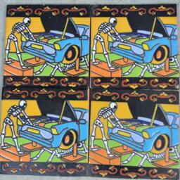 Talavera Mexican Tile Mosaic Day Of The Dead/Tiles Clay Catrina Fixing Cars - thumbnail 4
