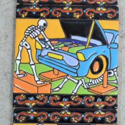 Talavera Mexican Tile Mosaic Day Of The Dead/Tiles Clay Catrina Fixing Cars - thumbnail 3