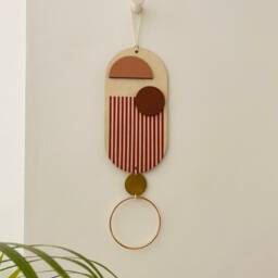 Modern Wood Wall Hanging Pink, Red & Gold Geometric Art - thumbnail 3