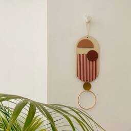 Modern Wood Wall Hanging Pink, Red & Gold Geometric Art - thumbnail 2