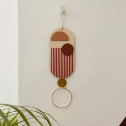 Modern Wood Wall Hanging Pink, Red & Gold Geometric Art - thumbnail 1