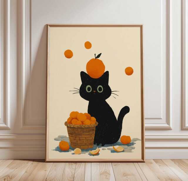 Black Cat Poster, Cute & Orange Print, Whimsical Wall Art, Playful Kitten Illustration, Kawaii Animal Decor, Fun Kitchen Artwork
