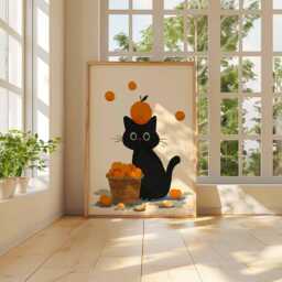 Black Cat Poster, Cute & Orange Print, Whimsical Wall Art, Playful Kitten Illustration, Kawaii Animal Decor, Fun Kitchen Artwork - thumbnail 3