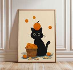 Black Cat Poster, Cute & Orange Print, Whimsical Wall Art, Playful Kitten Illustration, Kawaii Animal Decor, Fun Kitchen Artwork - thumbnail 1