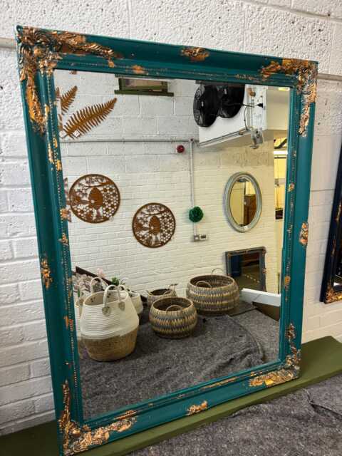 Large Mirror French Baroque Antique Ornate Painted Teal & Gold Leaf - image 1