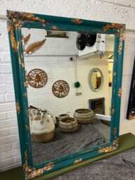 Large Mirror French Baroque Antique Ornate Painted Teal & Gold Leaf - thumbnail 1
