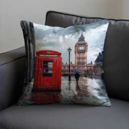 London Street Scene Cushion Cover, Big Ben & Red Phone Booth Throw Pillow Rainy Day Cityscape Art, British Travel Decor - thumbnail 3