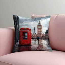 London Street Scene Cushion Cover, Big Ben & Red Phone Booth Throw Pillow Rainy Day Cityscape Art, British Travel Decor - thumbnail 2