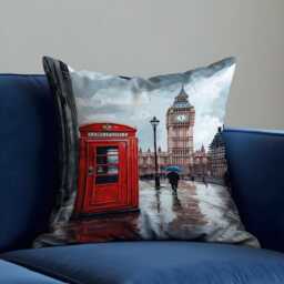 London Street Scene Cushion Cover, Big Ben & Red Phone Booth Throw Pillow Rainy Day Cityscape Art, British Travel Decor - thumbnail 1