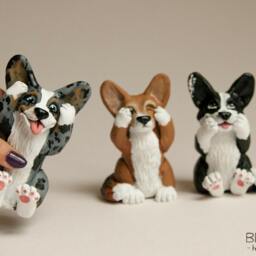 Three Welsh Corgi Figurines, Custom Sculpted & Painted, Based On Photos, Handmade - thumbnail 3