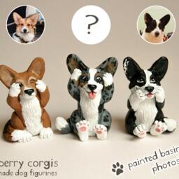 Three Welsh Corgi Figurines, Custom Sculpted & Painted, Based On Photos, Handmade - thumbnail 2