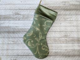 Sage Green & Gold Christmas Stocking, Brocade With Swirls