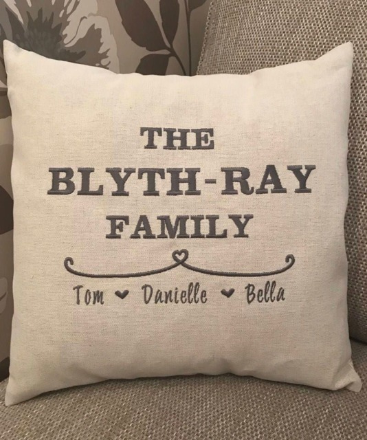 Personalised Family Embroidered Cushion Cover Natural Beige Fabric 16 - image 1