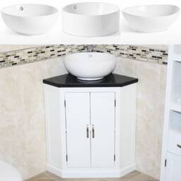 White Painted Bathroom Vanity Unit Corner Wash Stand Black Quartz & Ceramic Basin 501Bpbqcbc