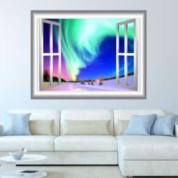 Winter Scene Window Mural Northern Lights Wall Decal - Vwaq Gj02 - thumbnail 1