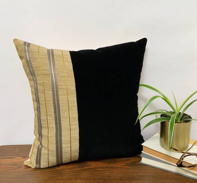Gold Stripe Black Velvet Pillow Cover, Modern Glam Decor - image 1