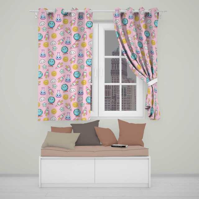 Cute Kawaii Space Rockets Planets Globes Suns Stars Seamless Pattern Readymade Eyelet Ring Top Thermal 100% Blackout Curtains - image 1