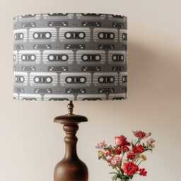 Cassette Print Lampshade Grey - Drum Lamp Shade 25cm 30cm 35cm 40cm 45cm Handmade Velvet Home Decor Music Retro 80S Eighties Tapes Colour - thumbnail 3