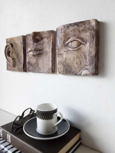 Ceramic Face Wall Art Triptych, Sandstone Sculpture, See Hear Speak No Evil - image 1