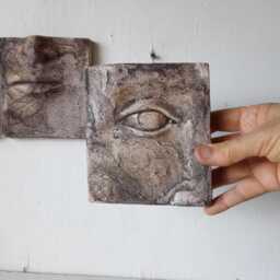 Ceramic Face Wall Art Triptych, Sandstone Sculpture, See Hear Speak No Evil - thumbnail 2