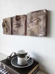 Ceramic Face Wall Art Triptych, Sandstone Sculpture, See Hear Speak No Evil - thumbnail 1