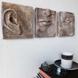 Ceramic Face Wall Art Triptych, Sandstone Sculpture, See Hear Speak No Evil - thumbnail 3